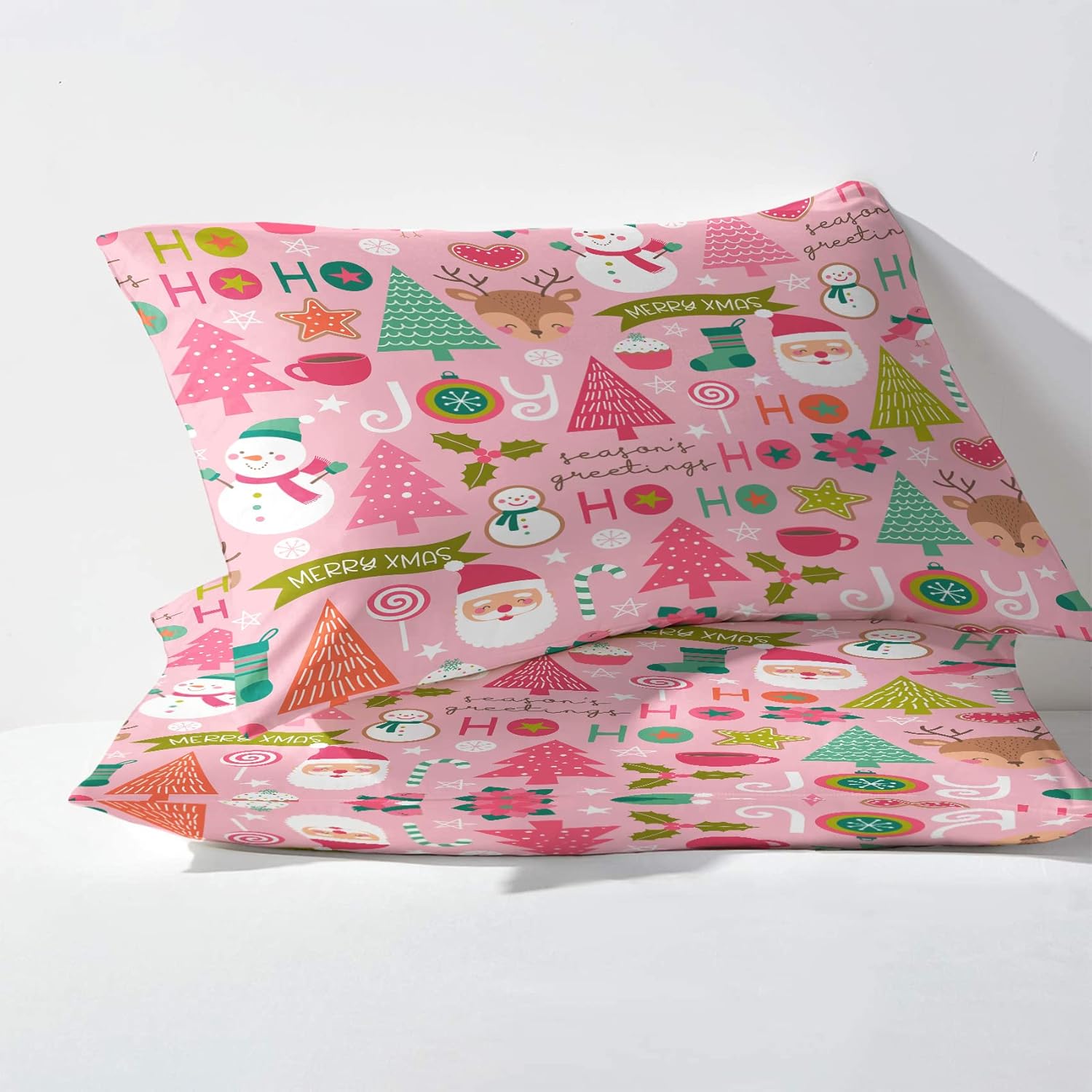 Pink Christmas Duvet Cover Queen Size Set - Teen Girls Christmas Bedding Bedroom Decor, Comforter Cover & 2 Pillowcases 3 Pieces - Cartoon Santa Theme, New Year, Lovely Home Collection Quilt Cover