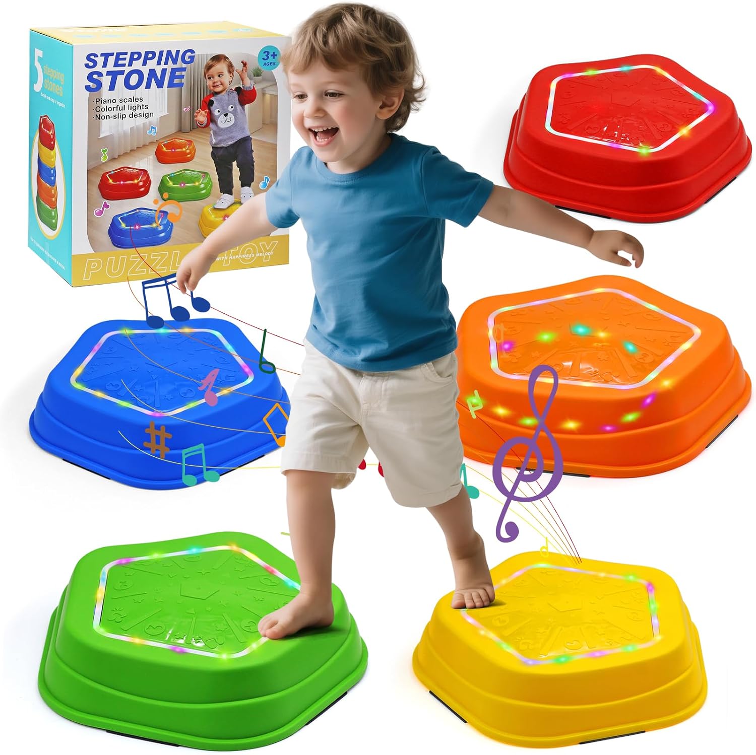 Music Light Up Stepping Stones for Kids - 5 Pack Non-Slip Balance Stones,Sensory Fitness Trainer & Gift,Indoor/Outdoor Toys for Ages 3-10 COL