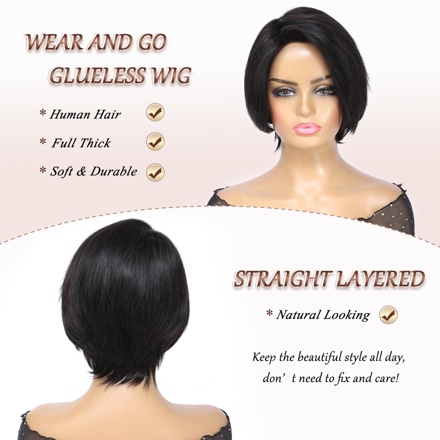 8 Inch Pixie Cut Human Hair Wig for Black Women, Straight Layered, Glueless, Amazon.com : HUA Short Wigs for Black Women, 8 Inch Pixie  main image 3