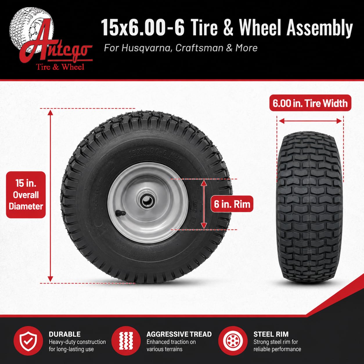Amazon.com: Antego Tire & Wheel (Set of 2) 15x6.00-6 Tire and