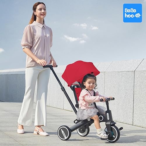 Miniatura 9 de Cochecito de triciclo para niños pequeños, triciclo plegable para bebés, bicicleta de equilibrio para niños con mango de empuje, bicicleta de