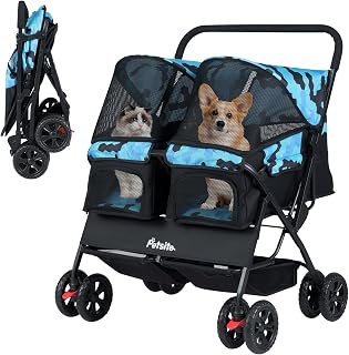 PETSITE Double Pet Stroller, Foldable Double Dog Stroller with 2-Seater Carrier, Adjustable Sunshade, Removable Pad, Safety Belt, Storage Basket, 4-Wheel Pet Travel Cart for 2 Puppies & Cats (Navy)