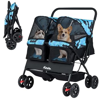 PETSITE Double Pet Stroller, Foldable Double Dog Stroller with 2-Seater Carrier, Adjustable Sunshade, Removable Pad, Safety Belt, Storage Basket, 4-Wheel Pet Travel Cart for 2 Puppies & Cats Navy