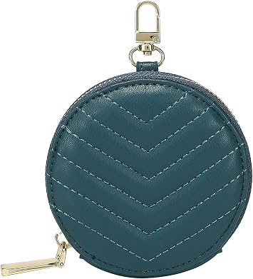 Daisy Rose Round Quilted Chevron Coin Purse Pouch Change Wallet Holder with clasp - PU Vegan Leather - Turquoise