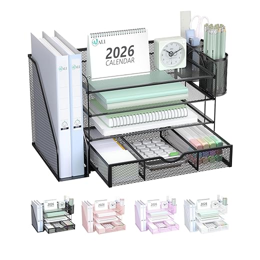 WALI Desk File Organizer, 4 Tier Desktop Paper Letter Tray Organizer with Drawer and 2 Pen Holders, Office Desk Accessories & Workspace Organizers for Office, Home Supplies(DO005DH-B), 1 Pack, Black