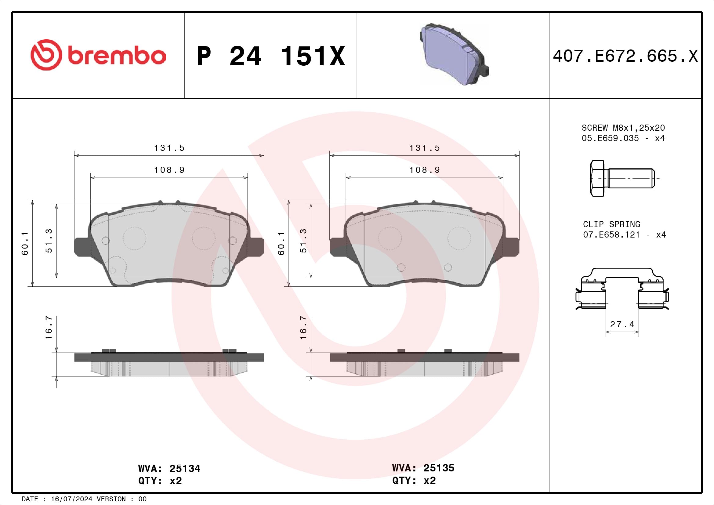 Zestaw Klocków Hamulcowych BREMBO P 24 151X przód