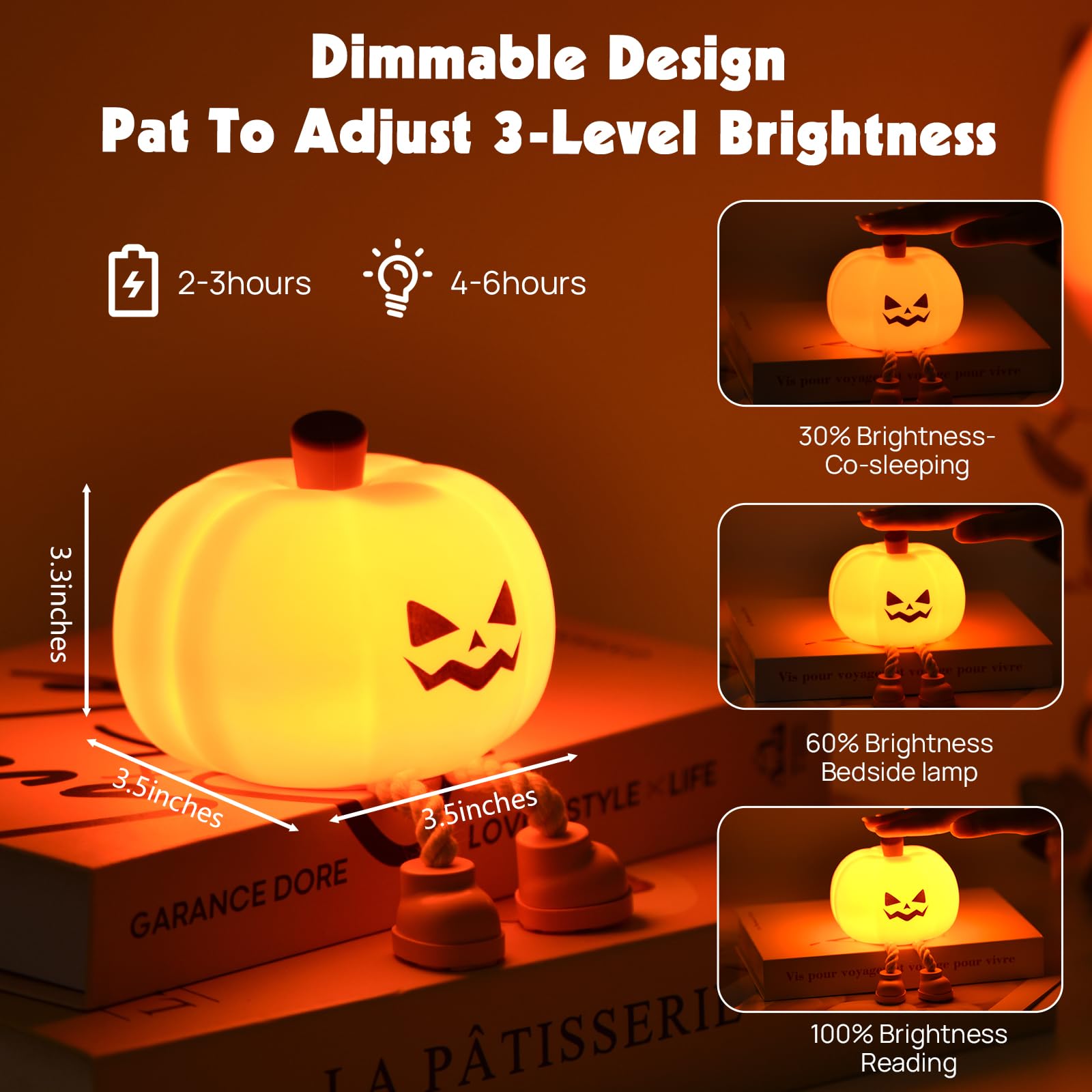 Ultroian Cute Silicone Pumpkin Night Light Rechargeable Dimmable Nursery Nightlight Bedside Touch Lamp for Breastfeeding Pumpkin Decor for — view 3
