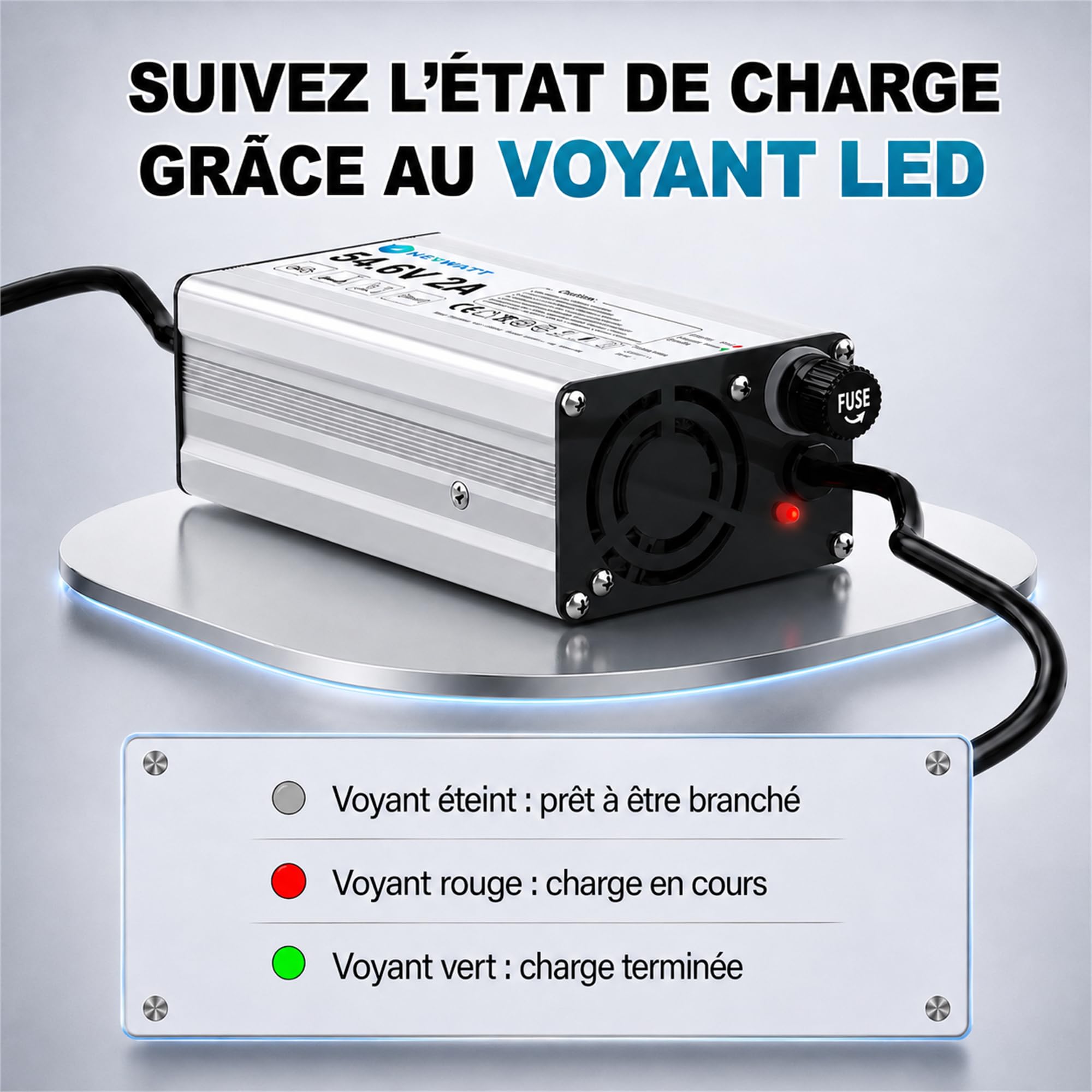 Chargeur de Batterie Lithium-ION Universel pour vélo électrique (eBike), Trottinette électrique et Hoverboard Remplacement avec 7 connecteurs (54.6V2A)
