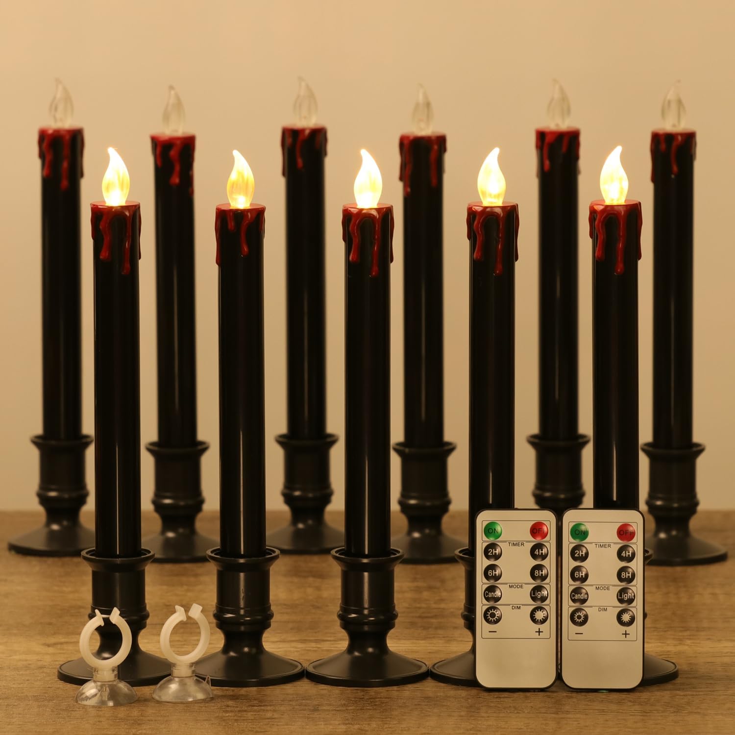 12 Pack 9" H Christmas Black Flameless Window Candles with Remote Timer, Bloody Battery Operated Flickering LED Candlestick with Removable Black Holders, Ideal for Party/Holiday Decor