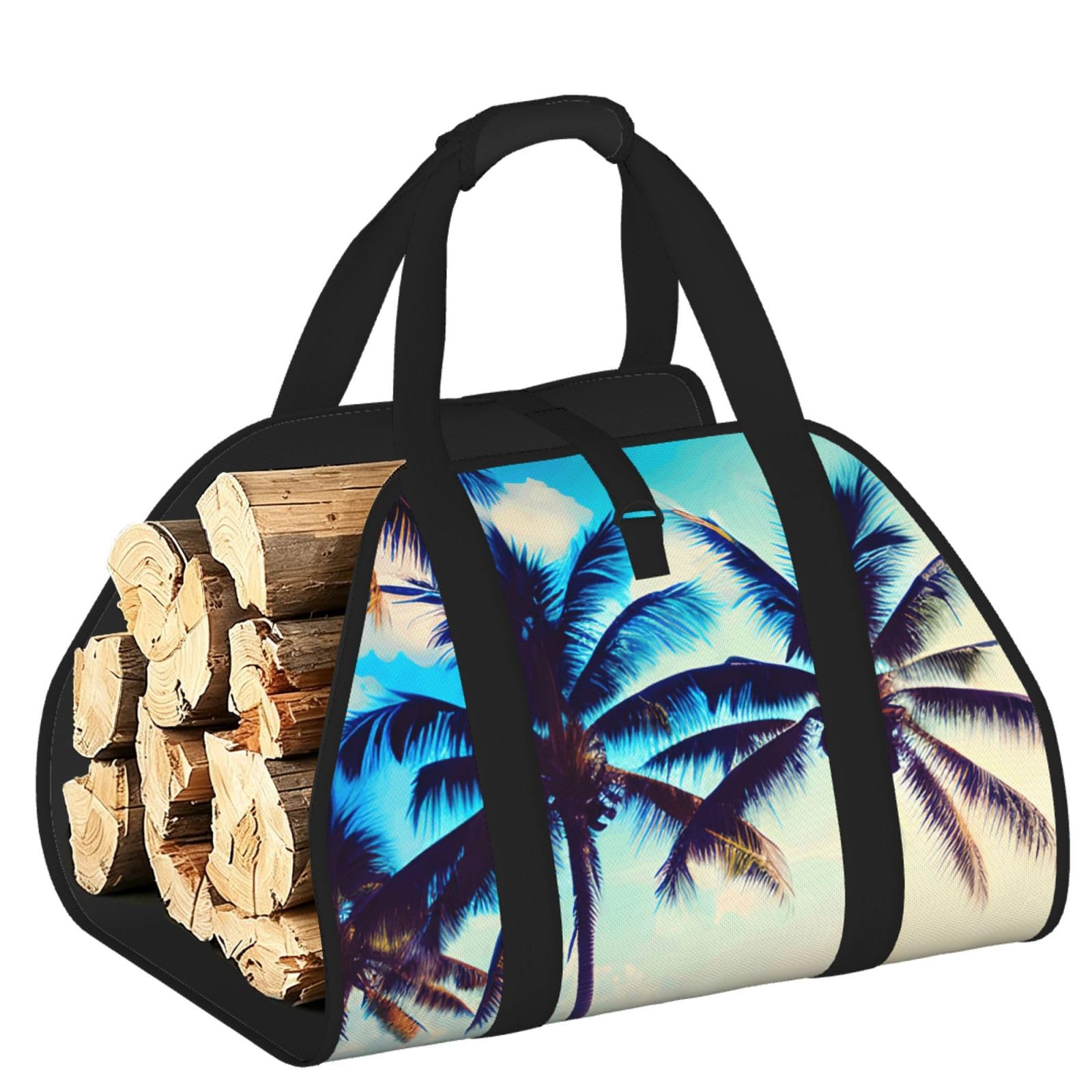 Ayyqwe Black Beach Palm Trees 1 Print Firewood Bag Wood Waterproof Versatile Camping Picnic Storage Daily Home