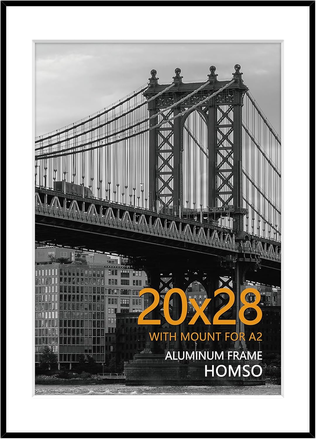 Homso 20 x 28 Picture Frame Black, Metal Poster Frame 20x28 with Ma A2, 20x28 Large Frame Matted to 16.5x23.4 inch Photo, 28 x 20 Frames, Acrylic Glass, Set of 1 Black 20x28