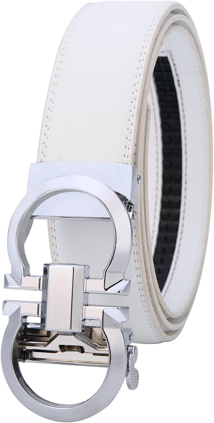 Mens Genuine Leather Rachet Dress Belt Comfort Click on Automatic Gold Or Silver Buckle Belt 35mm (silver/White, 27''-49'')