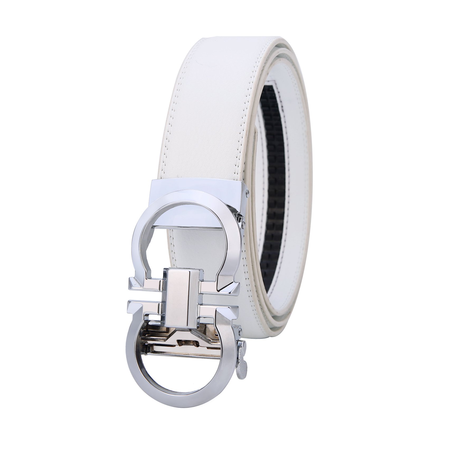 Mens Genuine Leather Rachet Dress Belt Comfort Click on Automatic Gold Or Silver Buckle Belt 35mm (silver/White, 27''-49'')
