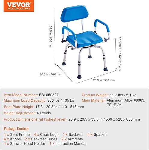 Miniatura 7 de VEVOR Silla de ducha giratoria de 360 grados, asiento de ducha ajustable con brazos giratorios y asiento de baño acolchado para ducha o bañera