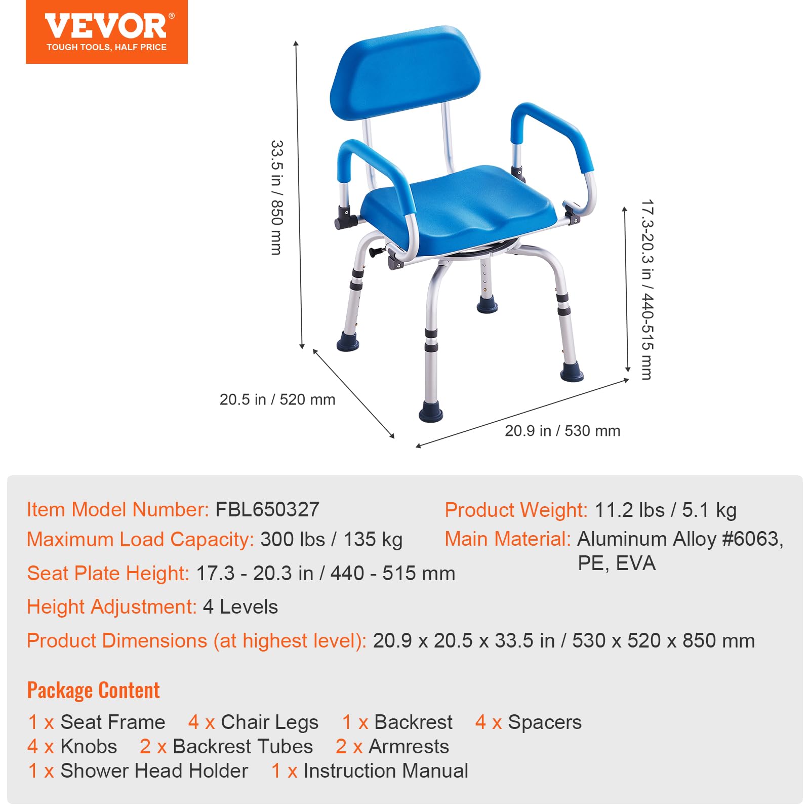 VEVOR Silla de Ducha Giratoria 360 ​​Grados con Brazos Pivotantes para Ducha o Bañera Interior, Silla Bañera Antideslizante para Personas Mayores Discapacitadas, Capacidad 135 kg, 530 x 520 x 850 mm