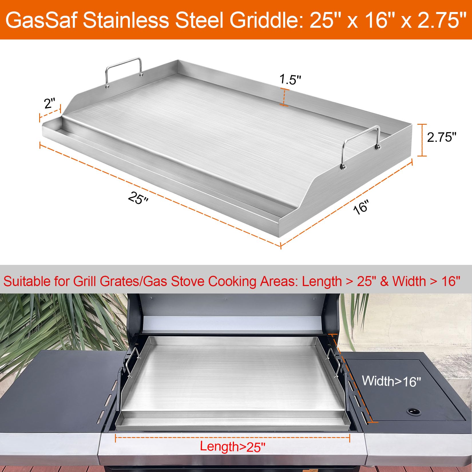 GasSaf Universal Stainless Steel Griddle, 25