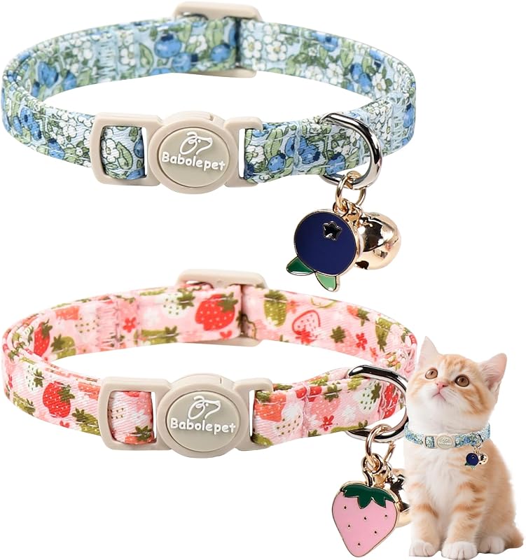 Coleira para Gatos com Fecho de Segurança, Sino e Pingente Floral de Frutas Babole Pet – Pacote com 2