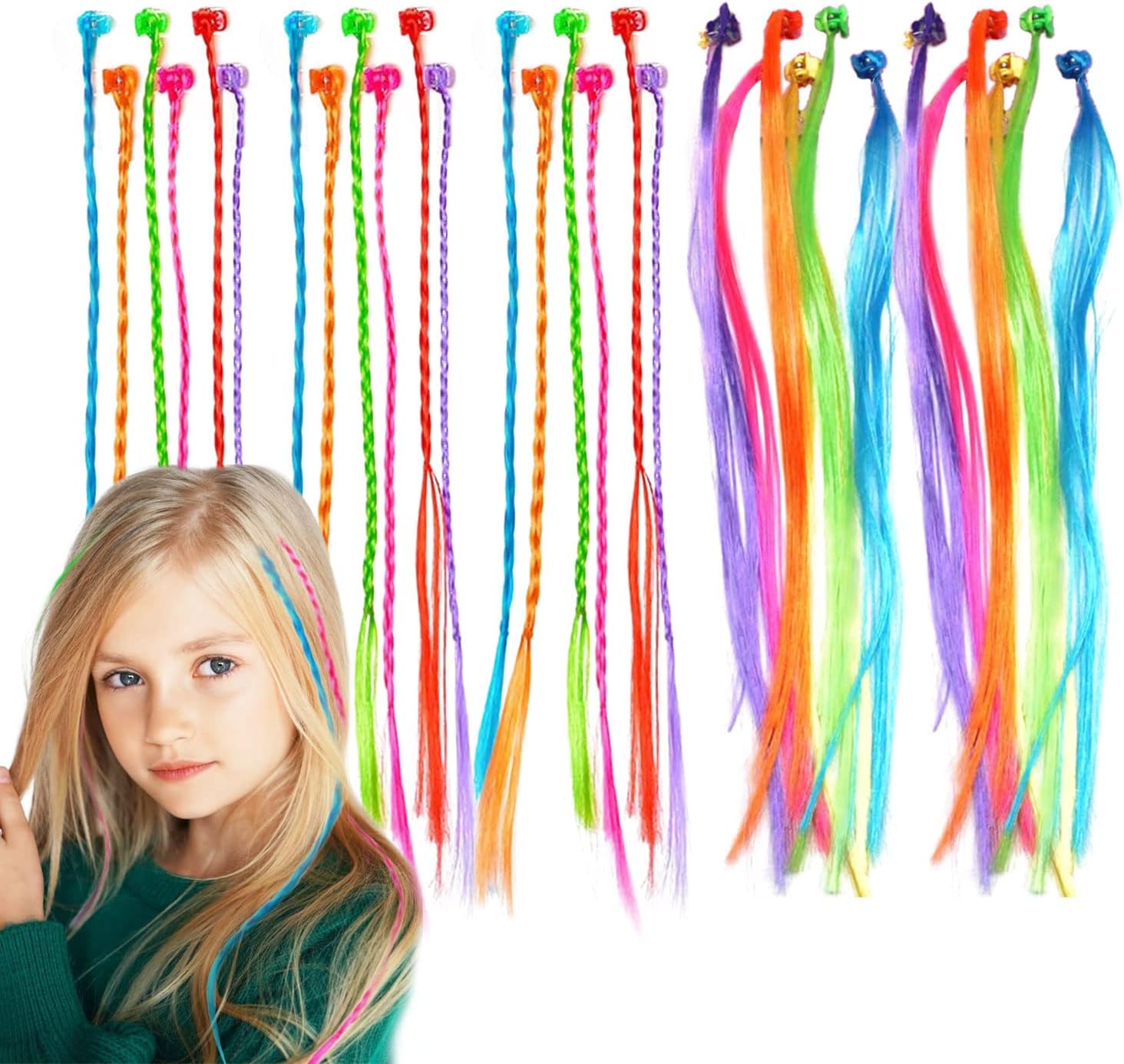 30 Pcs Kids Hair Extensions with Hair Clips, Girls' Fashion Bobby Pin Rainbow Wig, Braids Extensions Hair,Braided hair Styling Accessories, for Party Favors and Children Performance (30 Pcs)