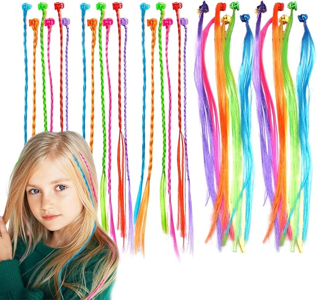 VIKSAUN 30 Pcs Kids Hair Extensions with Hair Clips, Girls' Fashion Bobby Pin Rainbow Wig, Braids Extensions Hair,Braided Hair Styling Accessories, for Party Favors and Children Performance (30 Pcs)