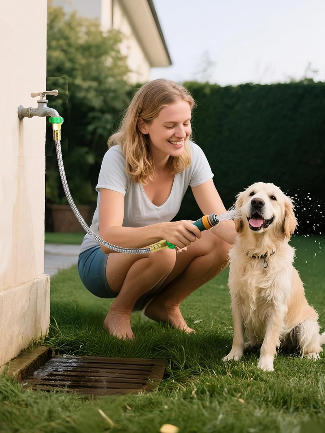 Female to Female Leader Hose for Hoses Reel - 2ft Leakproof Kink Free Short Garden Hose, Heavy Duty 304 Stainless Steel Flexible Water Pipe for Outdoor Garden Watering Car Pet Cleaning