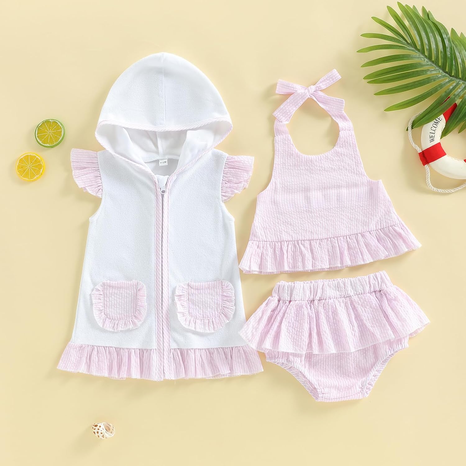 Toddler Baby Girl Seersucker Swimsuit Striped Outfits Zipper Hoodies Tie-up Tops Ruffle Shorts Summer Bathing Suits