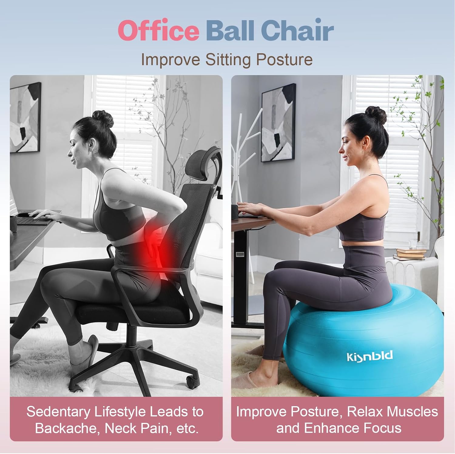 kisnbld Exercise Ball, Extra Thick Yoga Ball for Workout Pregnancy Stability, 4 Sizes Anti-Burst Balance Ball with Foot Pump - Heavy Duty Fitness Ball Chair for Office, Home & Gym