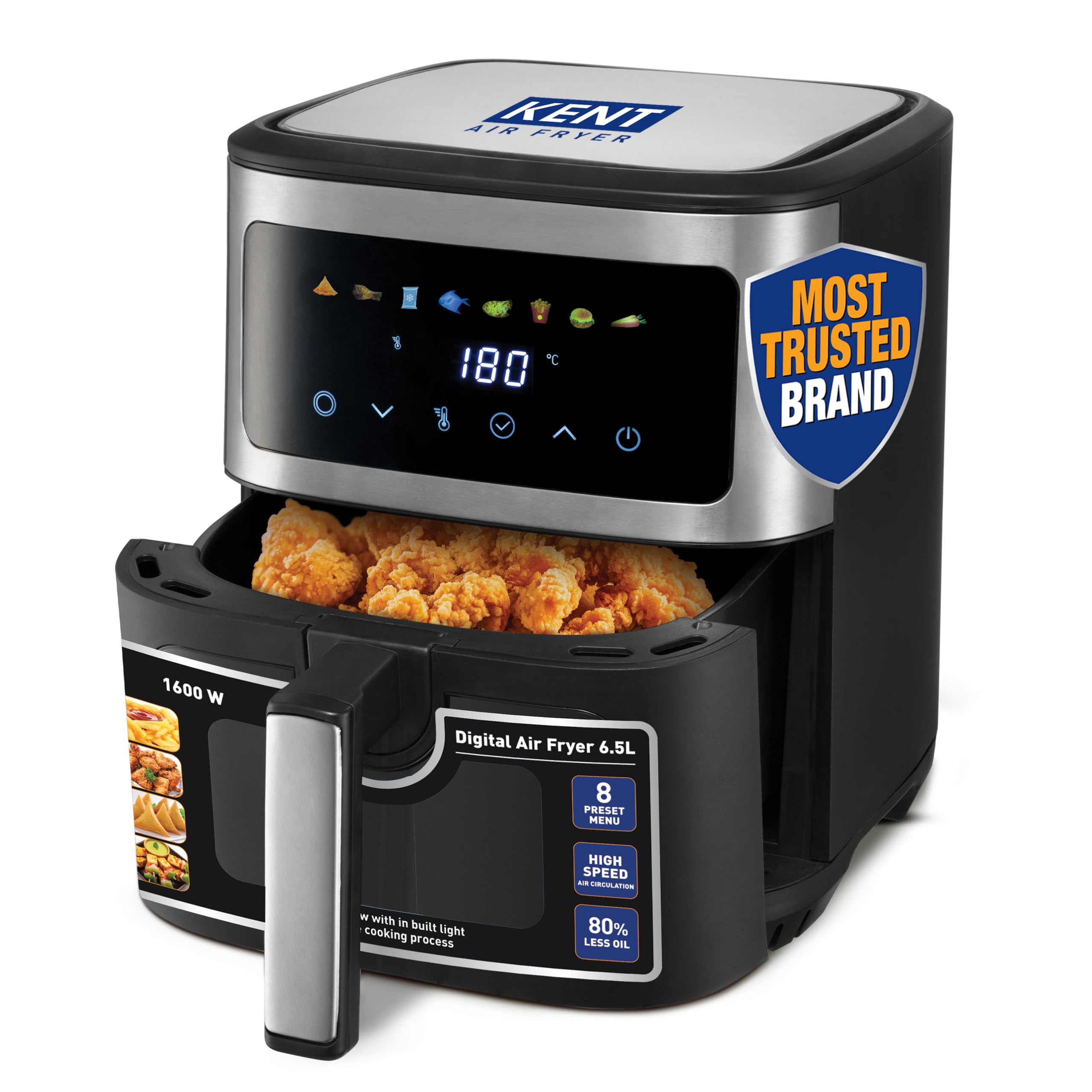 KENT Digital Air Fryer 6.5L,1600W,Bake,Grill & Roast,Up To 80% Less Oil Usage,Rapid Heat Circulation,8 Preset Menu,Digital Display & Touch Control Panel,Glass Window With In Built Light,Black