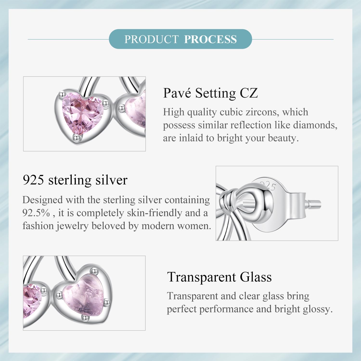 Pink Cherry Stud Earrings 925 Sterling Silver Shining Bow Heart Ear Studs for Women - Image 5