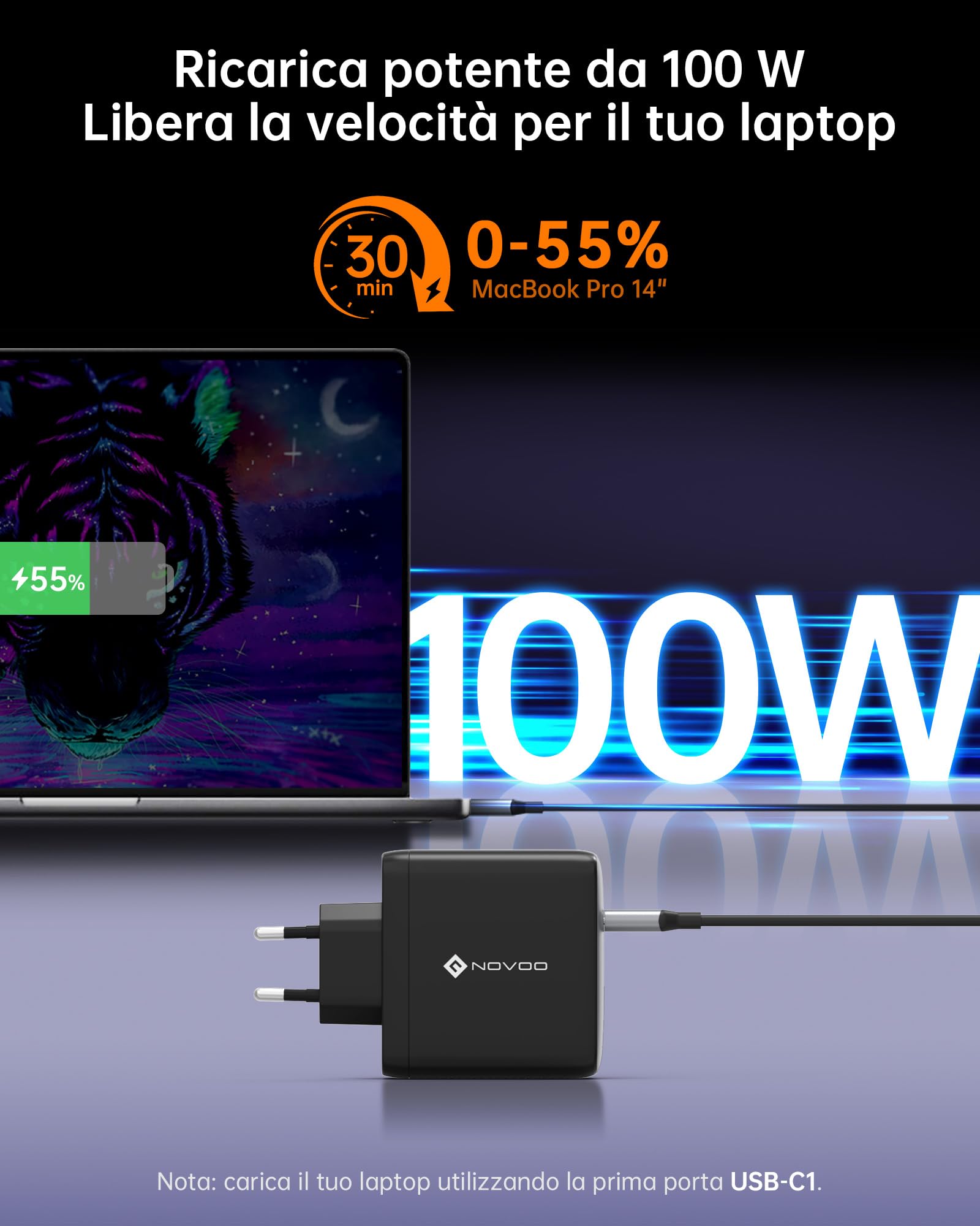 NOVOO Caricabatterie USB C da 120W con 1M cavi PD 100W Type-C, Caricatore compatto PPS GaN III a 3 porte, per MacBook Pro 14'', Dell XPS 13, iPad Pro, iPhone 16, Galaxy S23, Note 20, Apple Watch