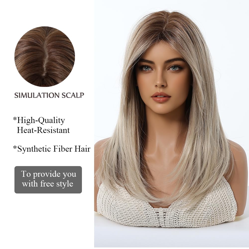 OUFEI Ombre Ash Blonde Wigs for Women Medium Length Long Straight Wig with Curtain Bangs Synthetic Hair Heat Resistant Wigs for Everyday Party Cosplay Wear - Image 3