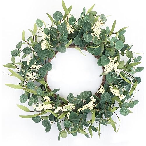 Eucalyptus Wreath for Front Door, VONYDA 20” Artificial Green Outdoor Wreath for All Seasons with Berries for Porch Wall Decor Natural Spring Wreath
