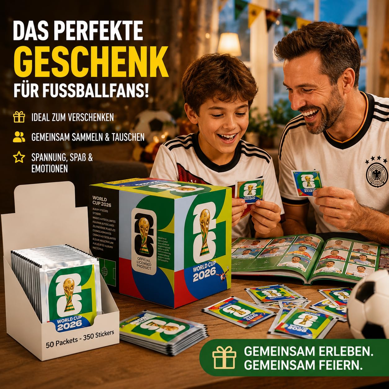 Fußball Sticker 2026, Box mit 50 Stickertüten, 350 Stickern zum Sammeln und Tauschen, Geschenkidee für Fußballfans und Sammler