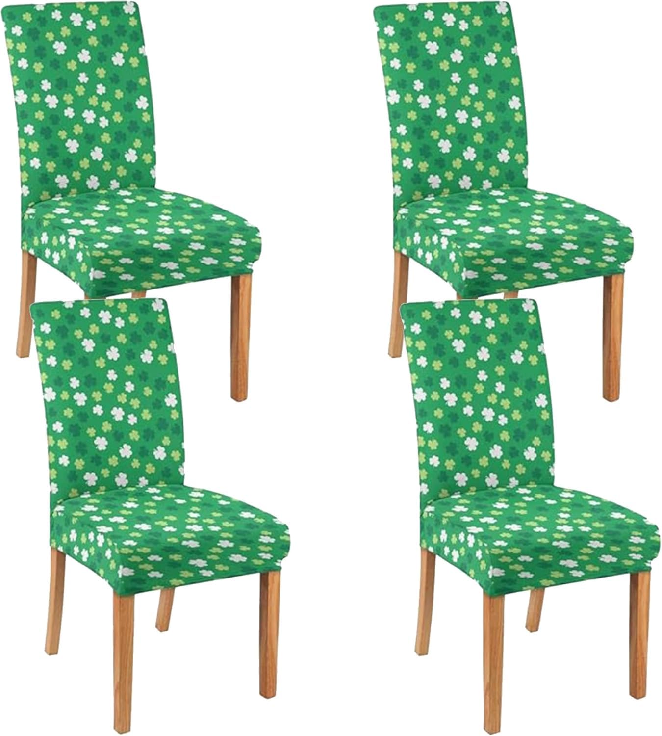 Qeenking 4 Pcs St Patricks Day Dining Chair Covers, Saint Pattys Shamrocks Stretch Removable Washable Chair Slipcovers, Irish Green Clover Kitchen