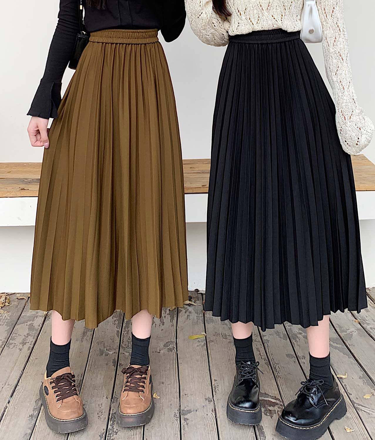 Jupe plissée midi pour femme - Taille haute - Élastique - Ligne A - Jupe longue pour femme - Automne Hiver - Tendance et décontractée