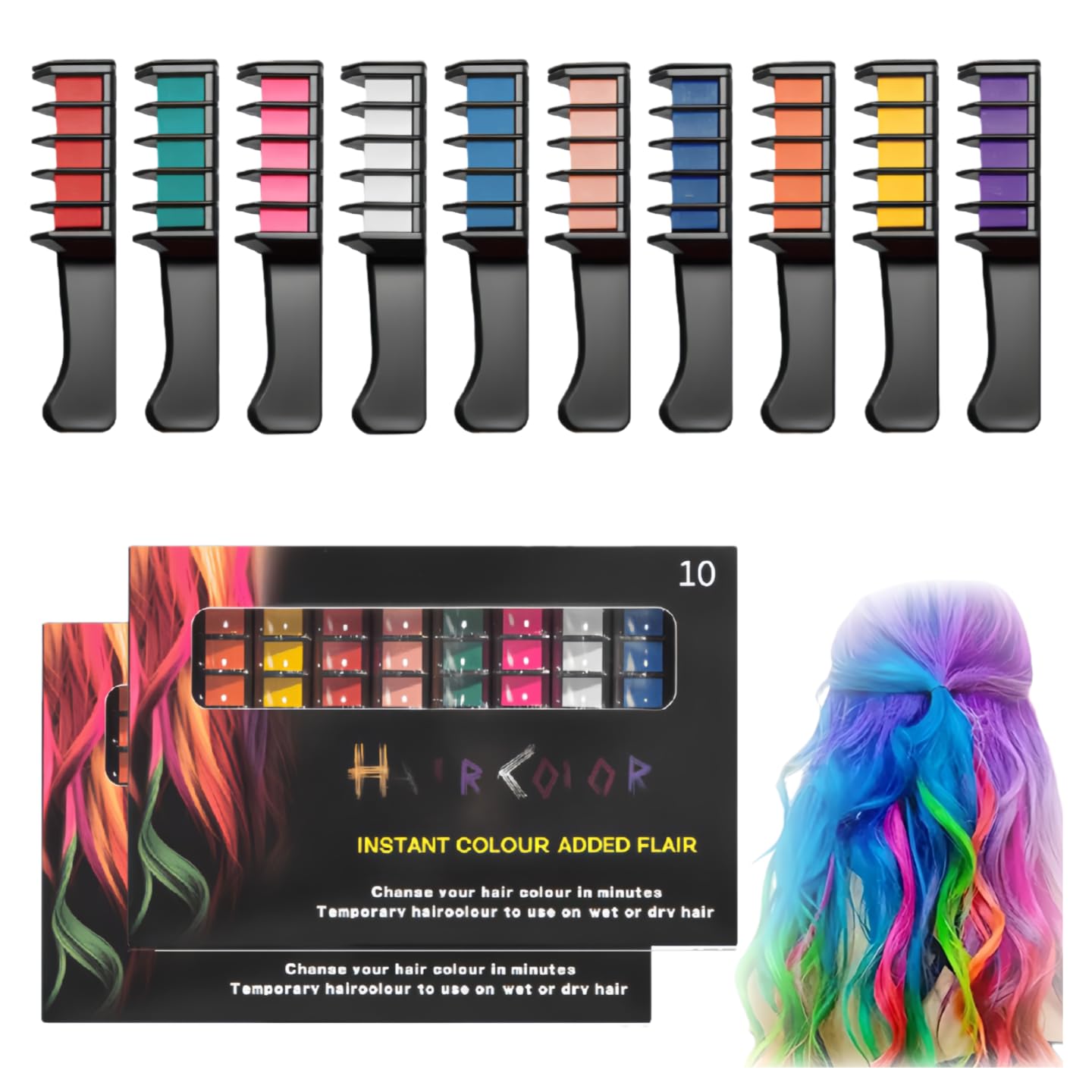 Festive Fun Hair Chalk Combs,10 Colors Instant Hair Color Comb Washable Quick Dry Vibrant Temporary Color for All Ages for Birthday Party, Christmas Gifts (10 Color, 2set)