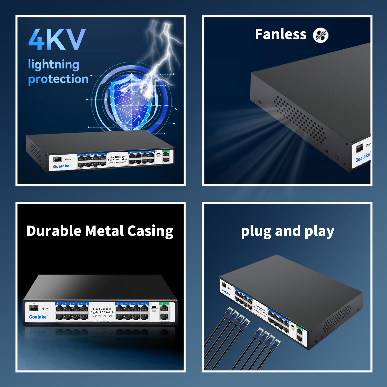 Goalake Switch PoE 19 puertos Gigabit 10/100/1000Mbps, 16 Gigabit PoE+@240W,1 SFP Puerto, IEEE 802.3af/at, Plug and Play, VLAN