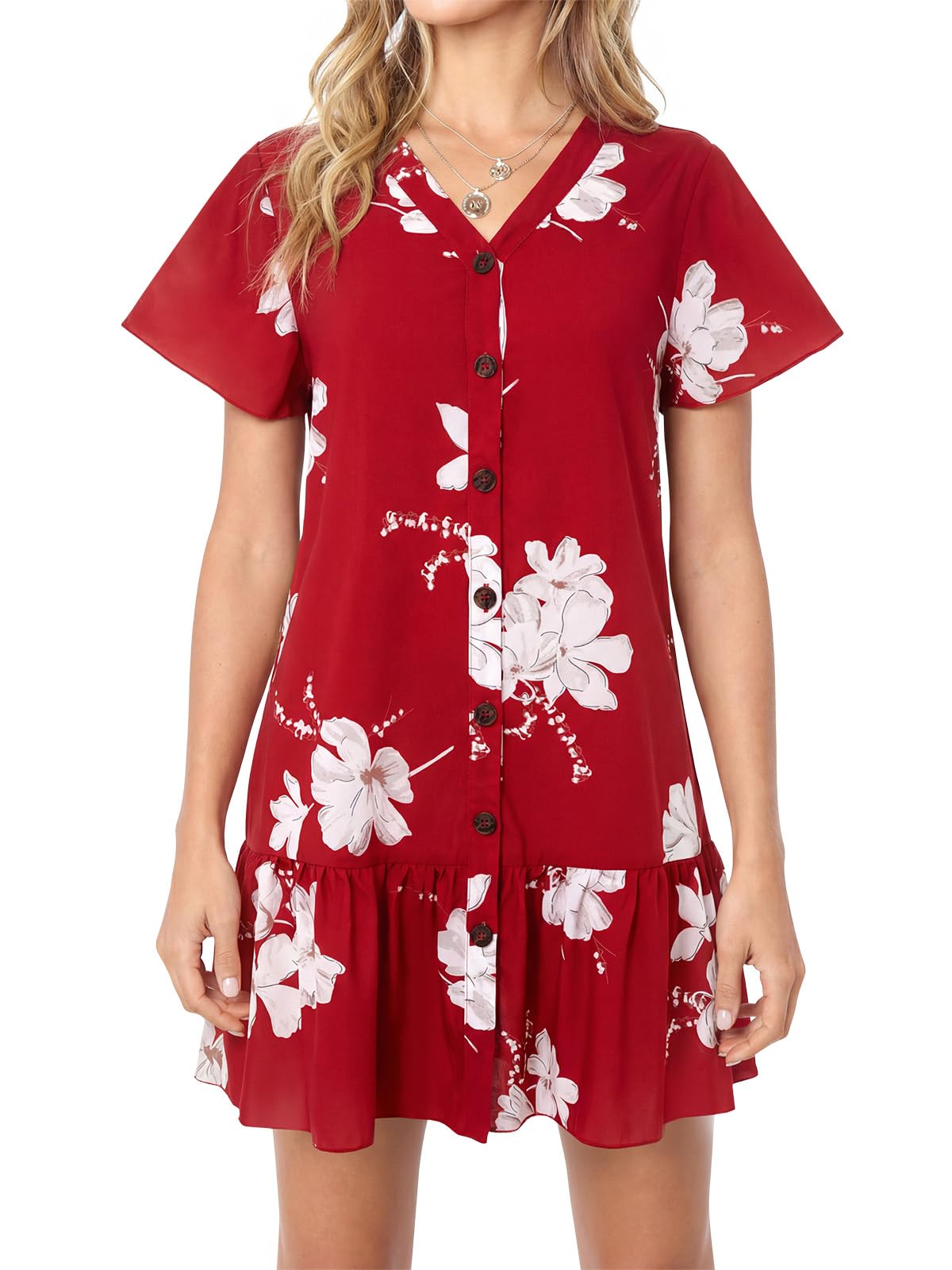Imysty Womens Summer Polka Dot V Neck Button Down Loose Mini Dress