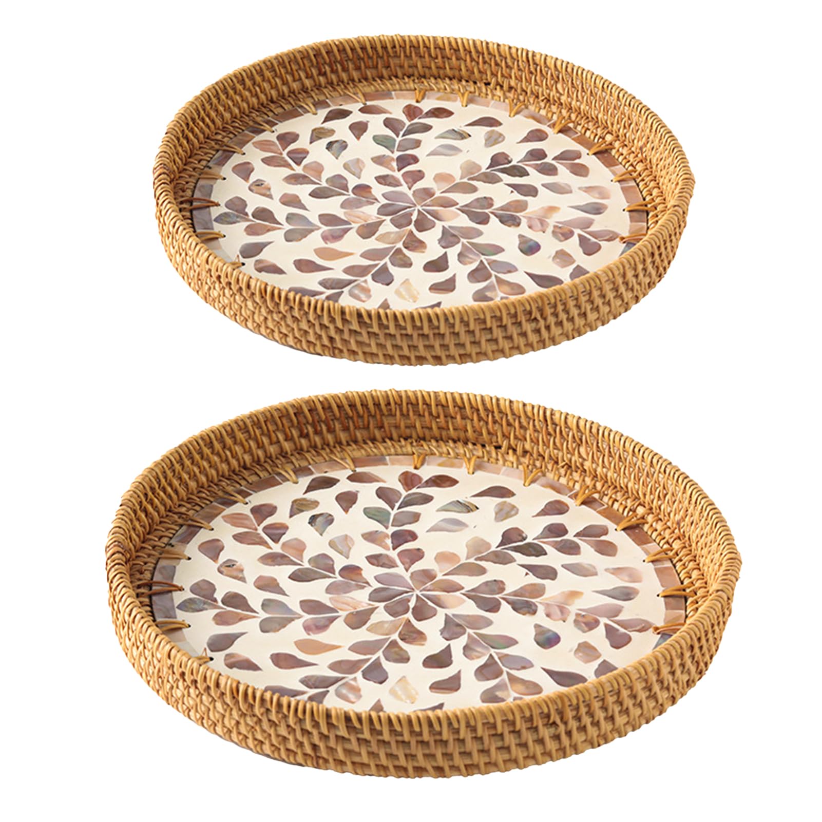 MINGZHE 2 Bandejas Redondas Hechas a Mano de Ratán para Servir Bandejas de Conchas de Colores, Bandejas de Frutas, Mesa de Centro de Sala de Estar, Marco de Recepción, Plato de Frutas,(Café)