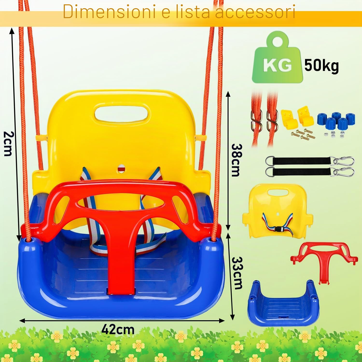 Altalena per bambini 3 in 1 fino a 50 kg, seggiolino rimovibile, regolabile in altezza, altalena per bambini che cresce con il bambino per esterni e interni