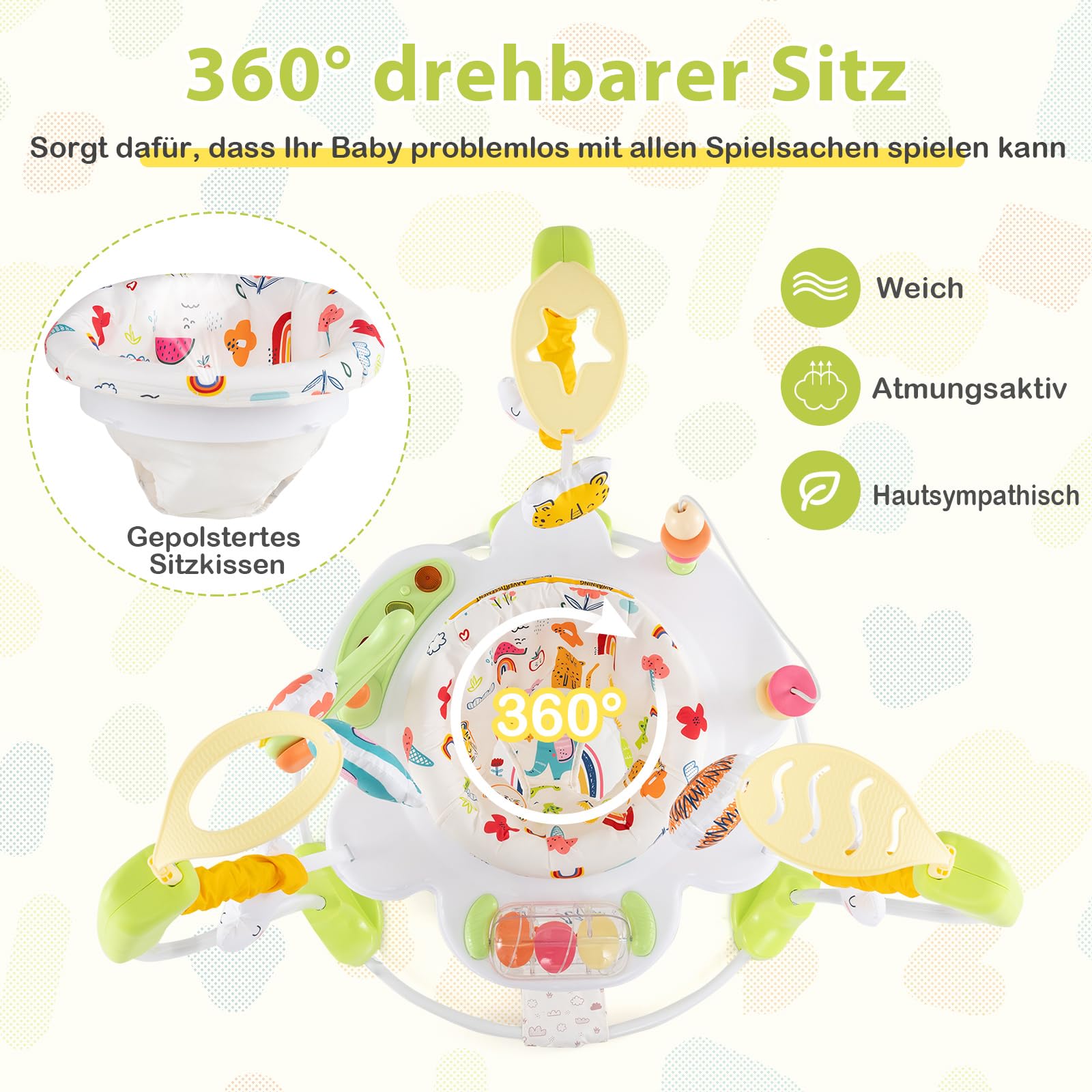 GOPLUS 3 w 1 Baby Jumperoo, centrum do skakania i zabaw z obrotowym siedziskiem o 360°, zabawka i tablet muzyczny ze światłami i dźwiękiem, siedzisko do zabawy z regulacją wysokości, dla dzieci od 6