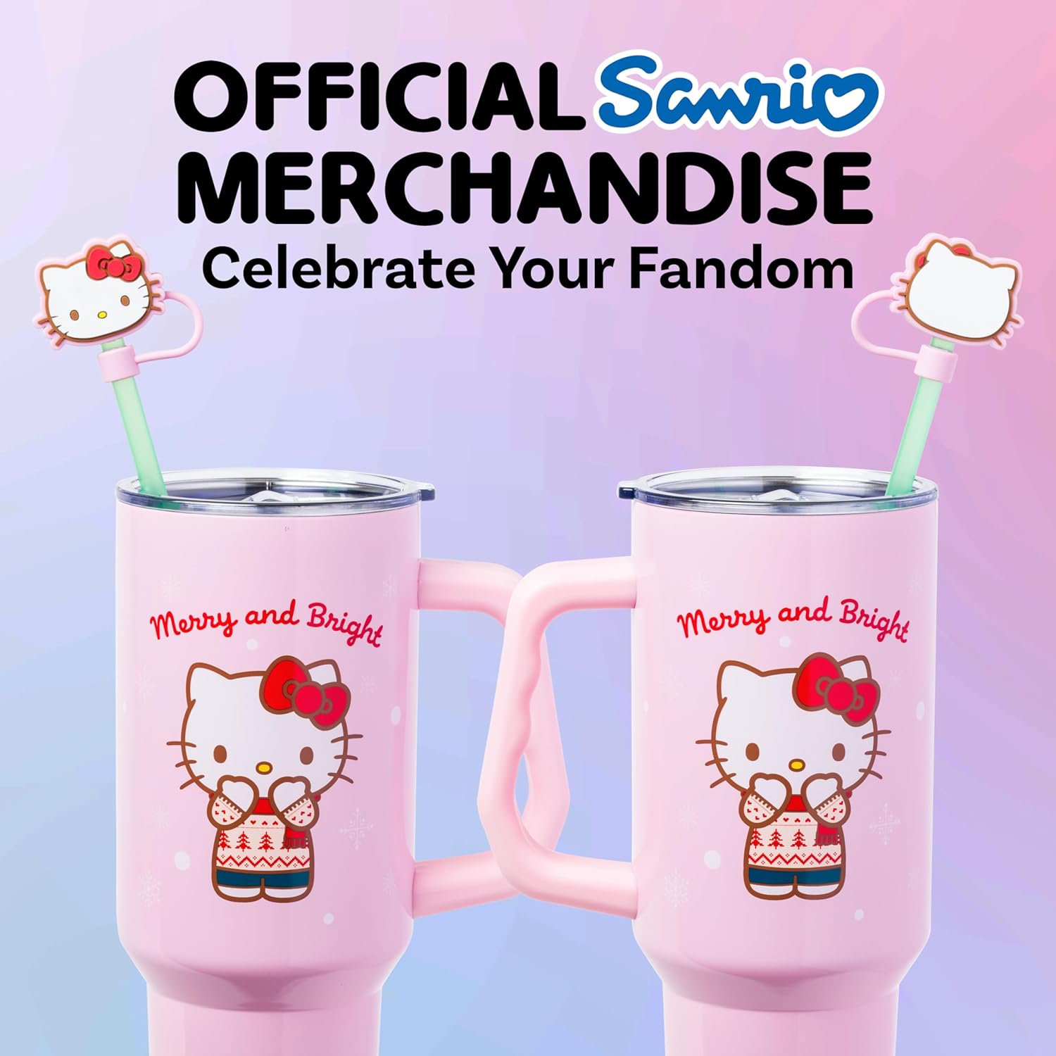 Silver Buffalo Sanrio Hello Kitty Christmas Holiday Sweater Merry and Bright Double Walled Stainless Steel Tumbler with Handle, Straw, and Straw Cap, Fits in Standard Cup Holder, 40 Ounces - Image 5