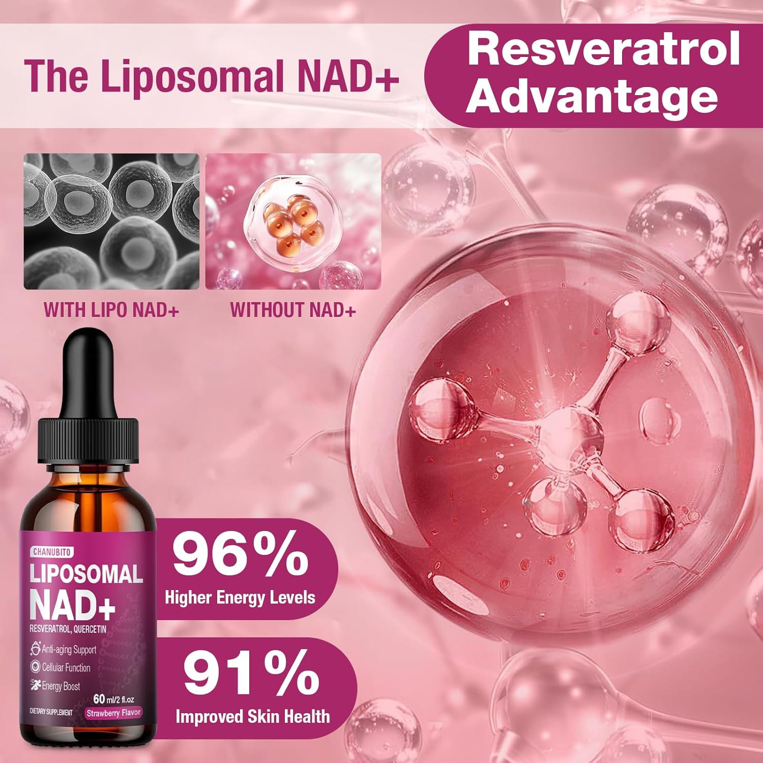 Liposomal NAD+ Liquid Drops with Resveratrol & Quercetin – 1200mg NAD+ Supplement for Anti-Aging, Brain & Cellular Energy – Vegan, Non-GMO, Strawberry Flavor, 2 Fl Oz - Image 4