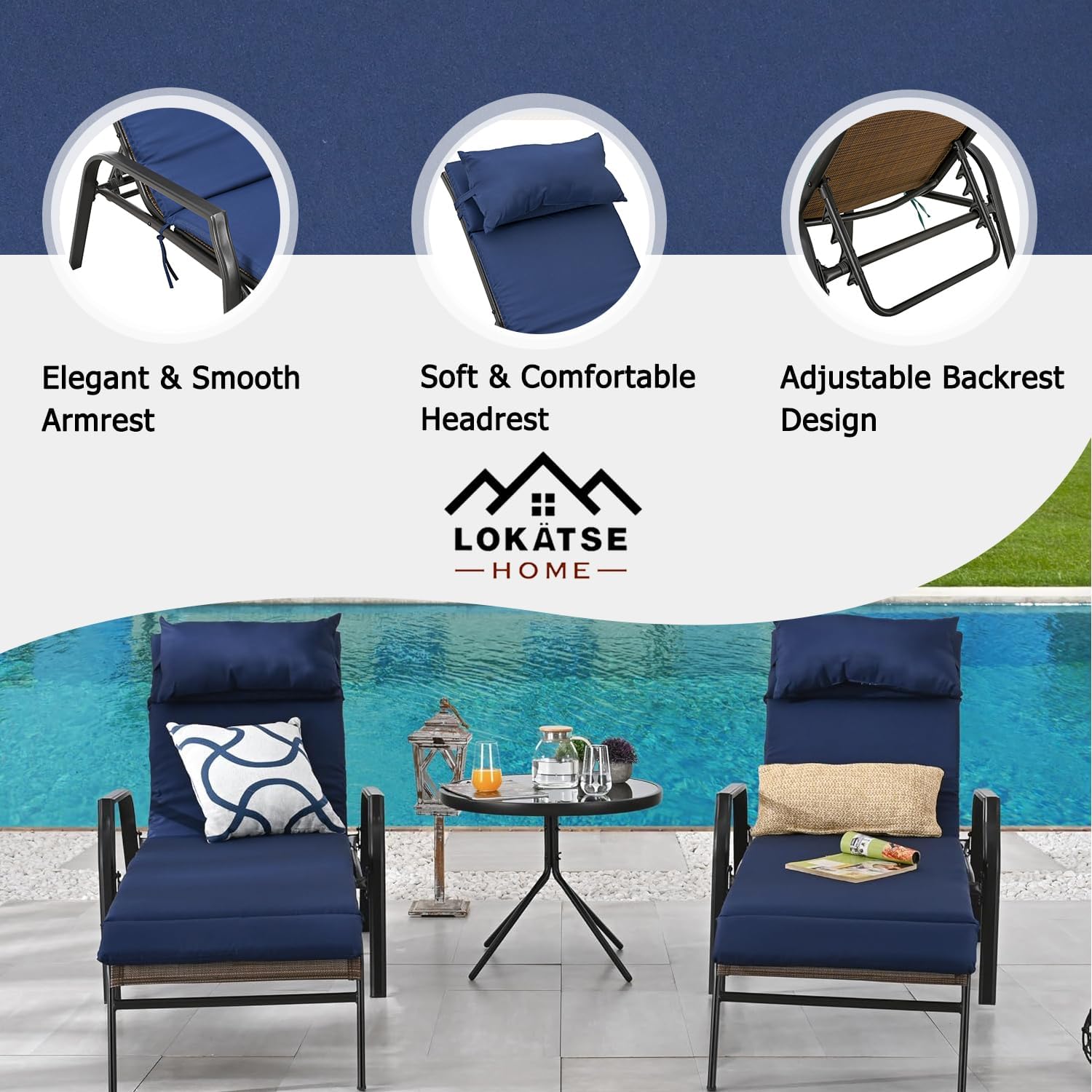 LOKATSE HOME 3 Pieces Outdoor Patio Chaise Lounges Chairs Set Adjustable with Folding Table, Dark Blue Cushions