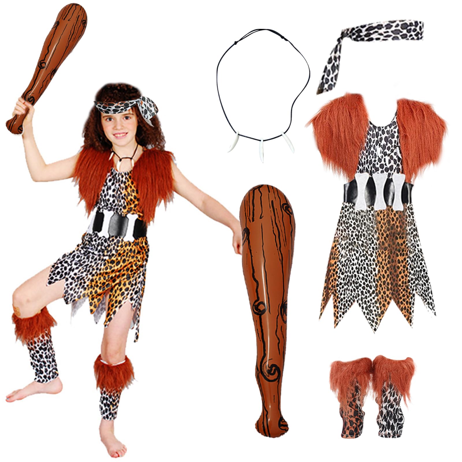 EDLMKM Kids Caveman Costume, Cavemen Costumes Kids, Stone Age Costume Boys Girls, Halloween Cosplay Fancy Dress(L)