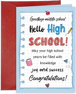 LIJUGITF 8th Grade Graduation Card - Goodbye Middle School Hello High School Card with Envelope, Middle School Graduation Greeting Card for Freshman High School Student Boys Girls