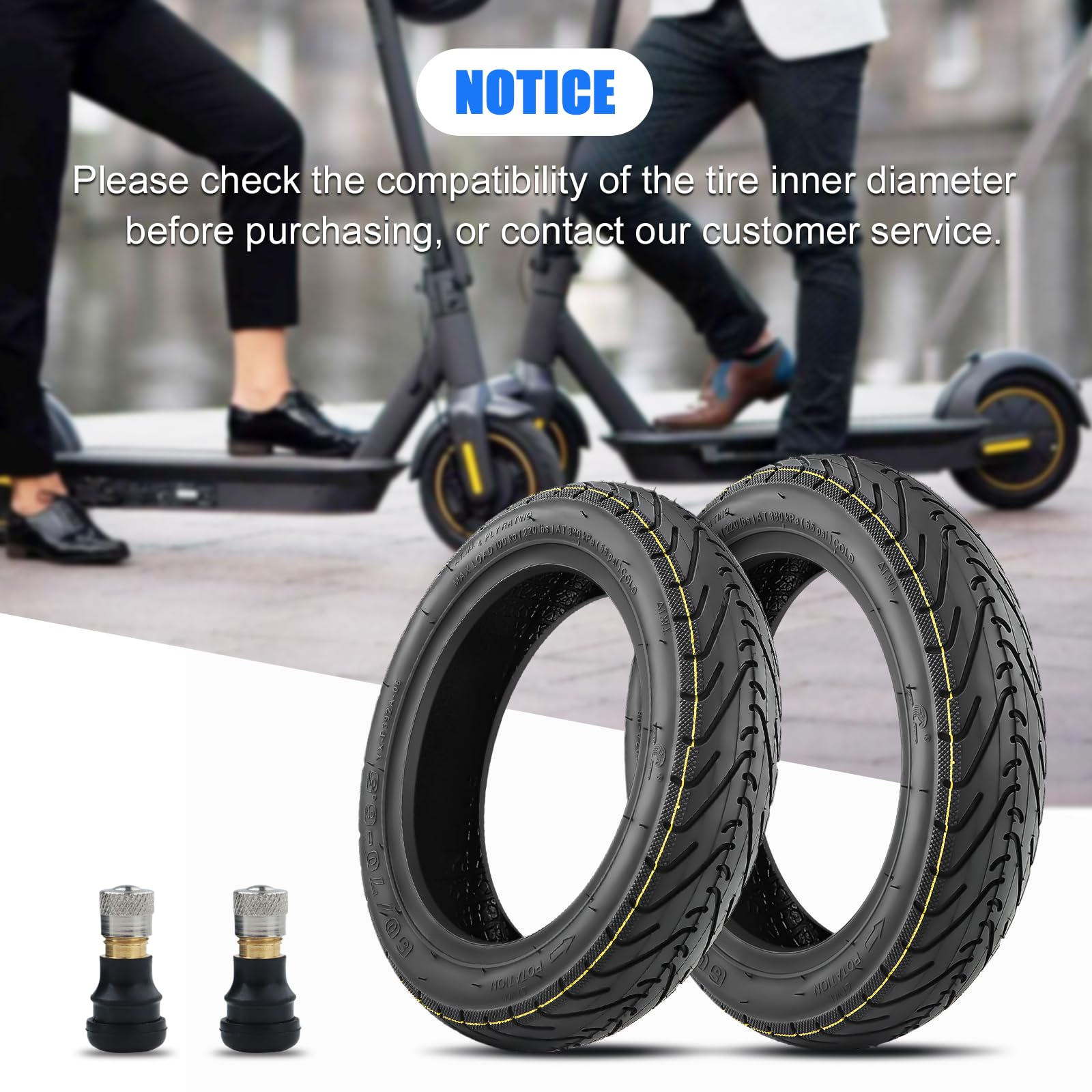 SYACHI 10 x 2,5 Pouces Pneu Tubeless+2 Buses Droites Accessoire Trottinette Électrique Pièces, 60/70-6.5 Caoutchouc plus épais et plus large Type Roues Anti-Explosion