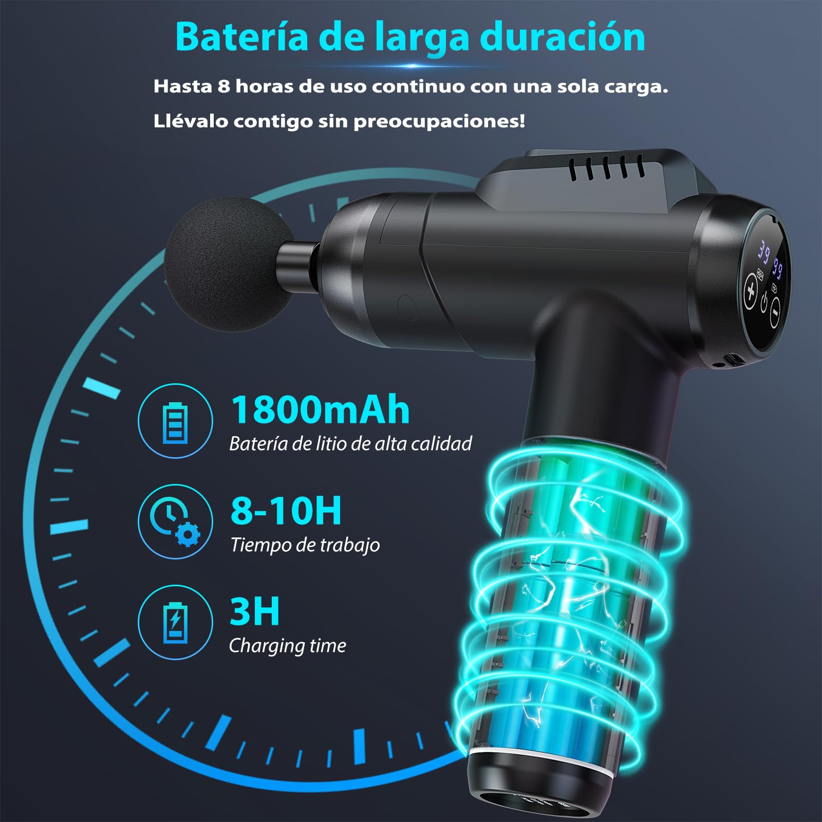 Pistola de Masaje Muscular, Masajeador Cervical y Espalda, pistola masaje con 99 Intensidad Ajustable y 6 Cabezales de Masaje,Silenciosos Masajeador para Aliviar el Dolor Muscular