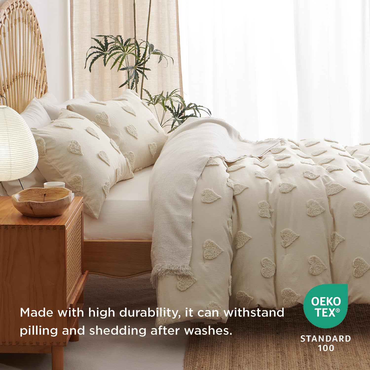 Nayoroom Boho Comforter Set Queen Size Beige Heart Tufted Textured Comforter, 3 Pcs Farmhouse Shabby Chic Aesthetic Bedding, Soft Microfiber Bed Set for All Seasons (1 Comforter, 2 Pillow Shams)
