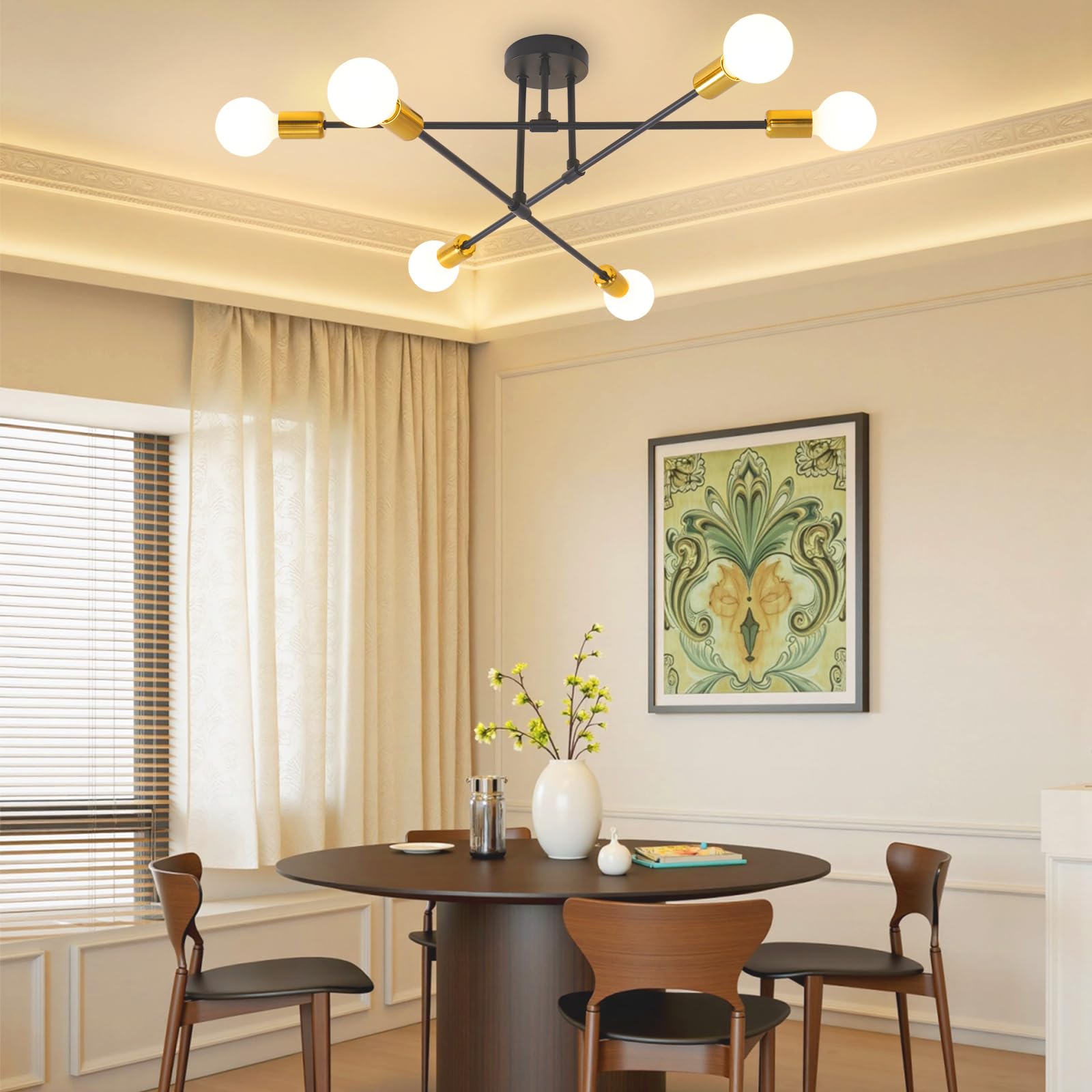 Plafonnier 6 ampoules 60 W - Culot E27 - Lustre rétro Sputnik - Plafonnier pour chambre à coucher, salon, cuisine - Ampoules non incluses