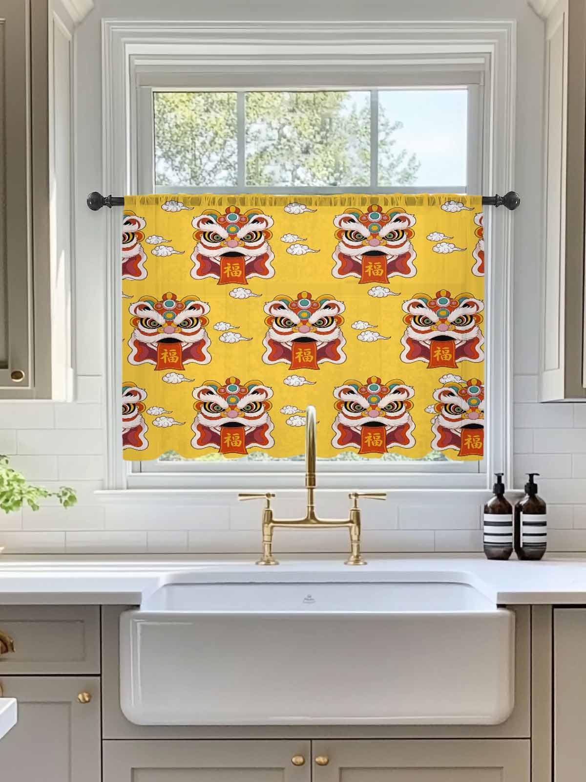 Chinese Wind Curtains 45 Inches Long, Short Curtains for Small Window, New Year Painting Lion Dance Yellow Light Filtering Window Treatment Voile Rod Pocket Semi Sheers Curtain Drapes 52"x45"